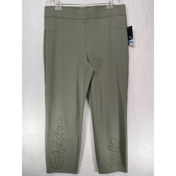 Slim Factor 1X Slim Straight Elastic Waist Pants NWT Green Studded Accents - Picture 1 of 12